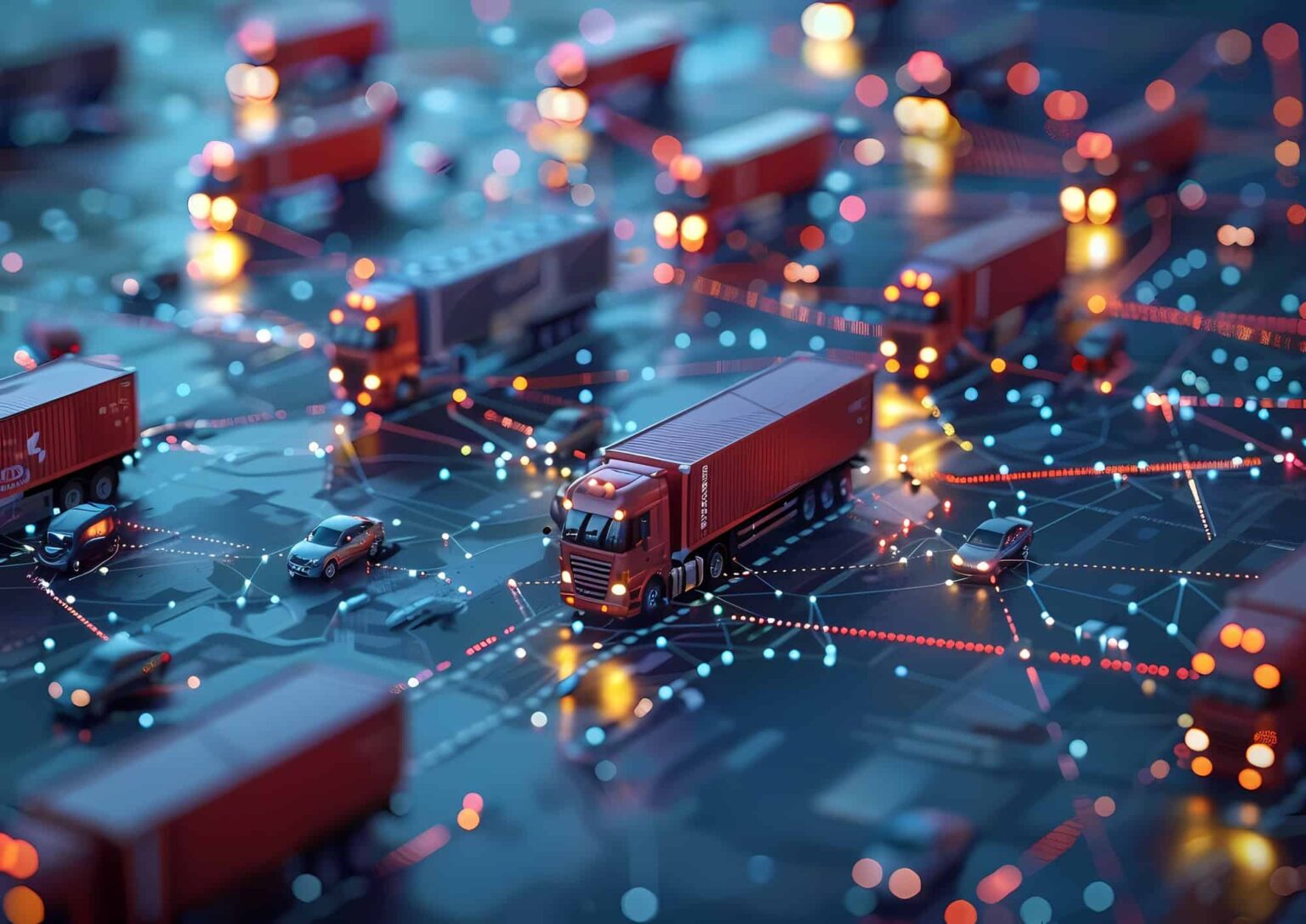 Illustration of global supply chain logistics with connected freight trucks and data nodes